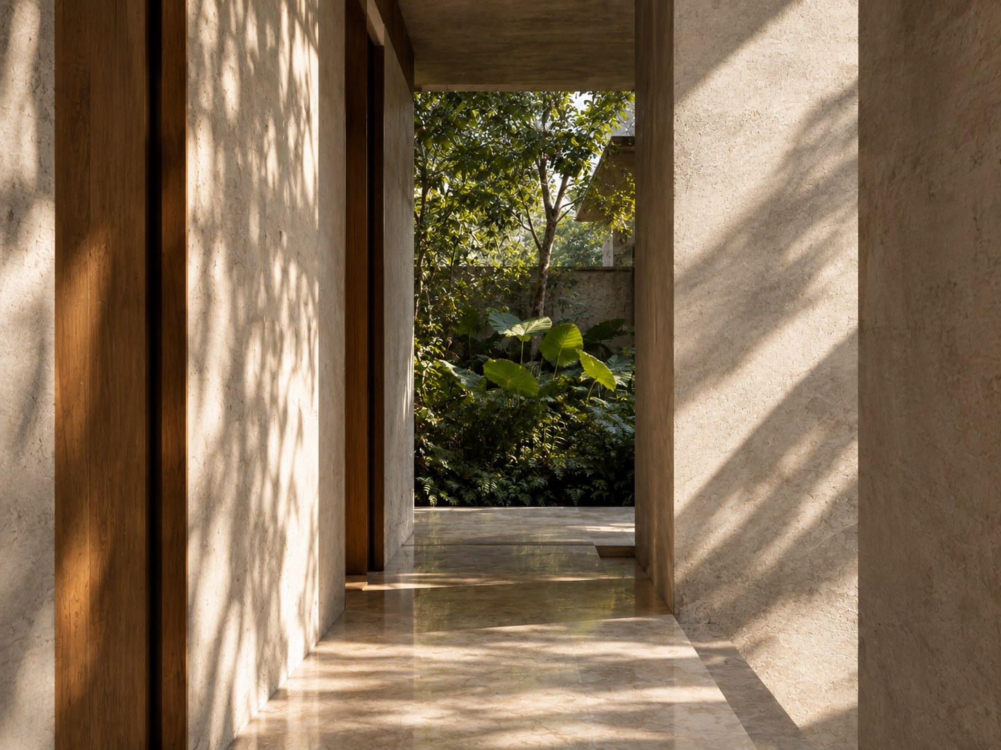 Light falling across a quiet concrete interior